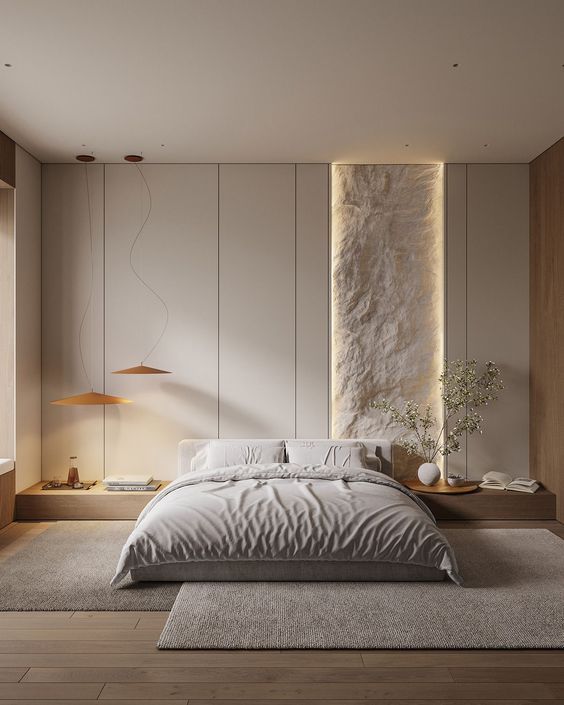 minimalist bedroom in beige tones